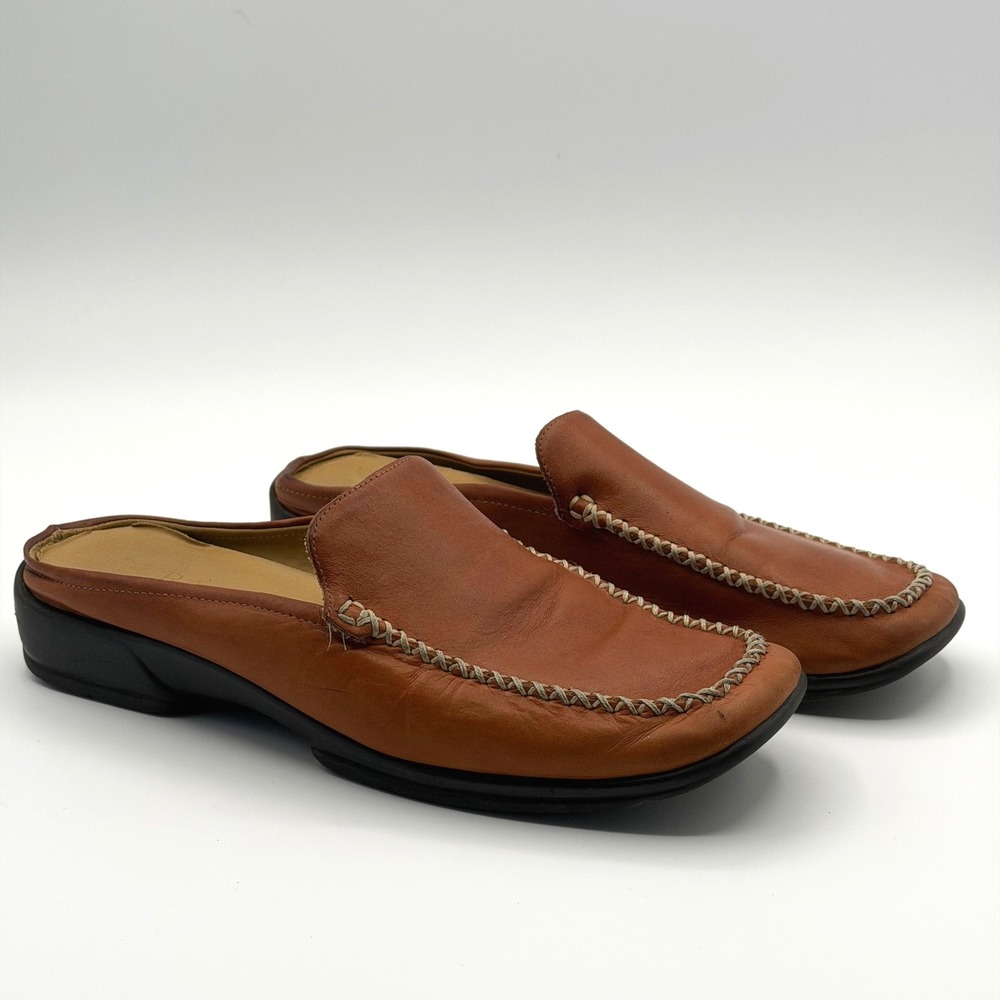 Bass Leather Mule Loafers Womens 8M Brown Whipstitch Square Toe‎ Slip On Comfort